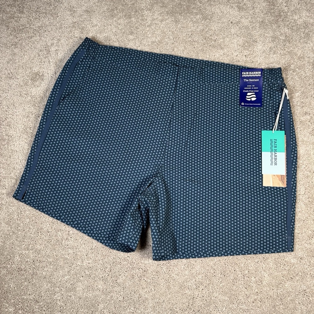 New Fair Harbor The Sextant Swim Shorts Mens Size 38 Blue Geometric‎ Stretch NWT